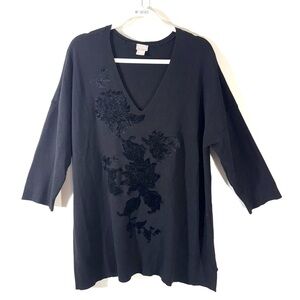 Chico’s black sweater with velvet appliqué flowers Size XL